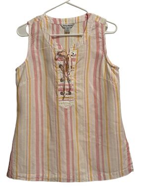 Tommy Bahama Striped Lace Up Linen Tunic Top Sleeveless Multicolor